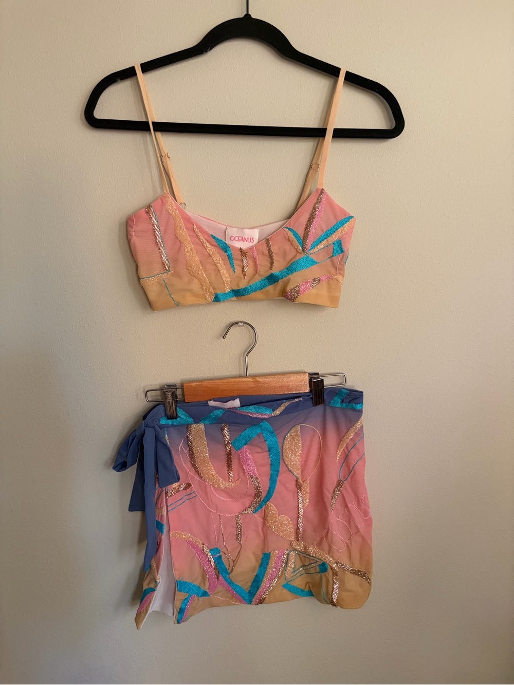 Pink & Peach Embroidered Crop Top and Skirt Set